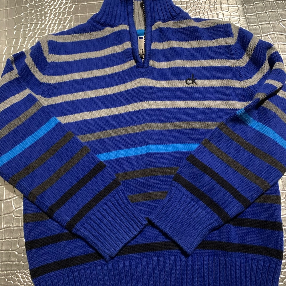 Boys Striped Blue/Grey Long Sleeve Calvin Klein Casual Sweater w/Zipper Size 4